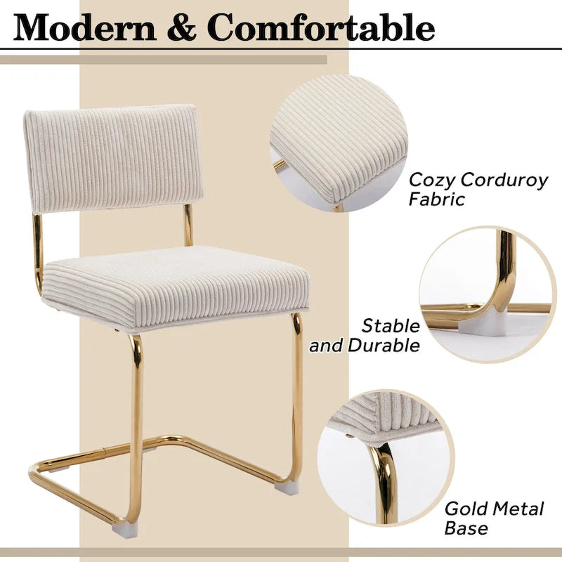 Chaises de salle à manger Mid-Century en velours côtelé avec piètement en métal doré, lot de 4
