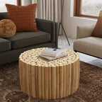 Table basse ronde en teck massif naturel, style fagot de branches