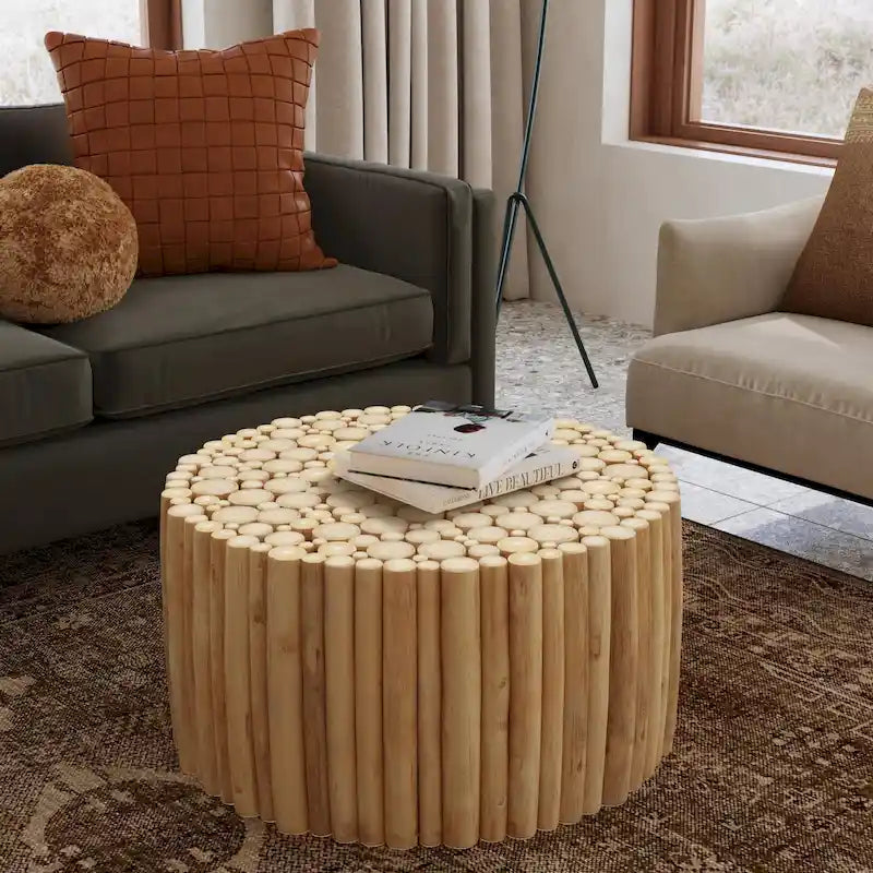 Table basse ronde en teck massif naturel, style fagot de branches