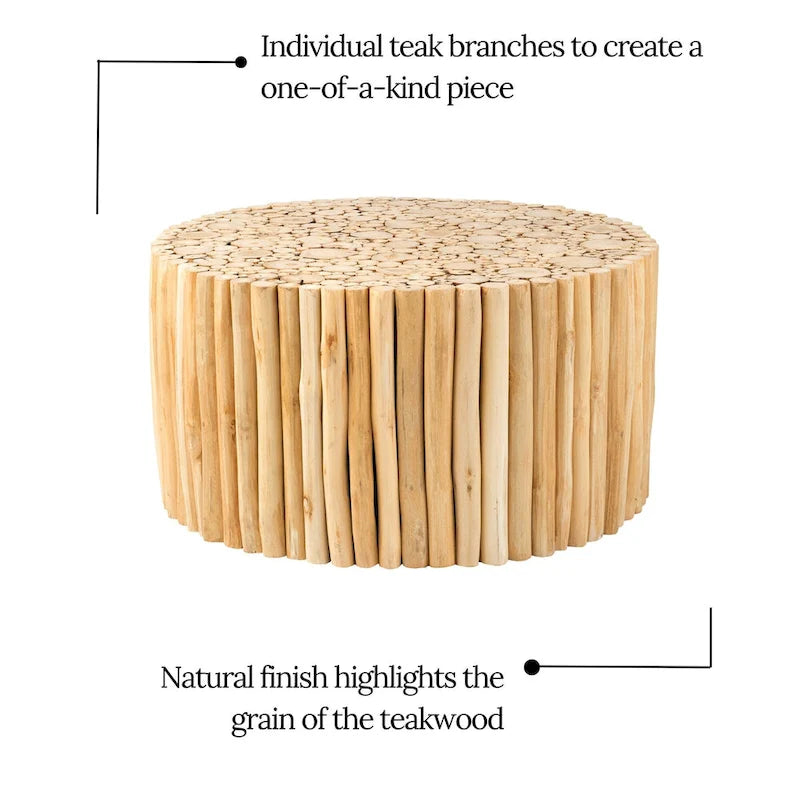 Table basse ronde en teck massif naturel, style fagot de branches