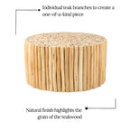 Table basse ronde en teck massif naturel, style fagot de branches