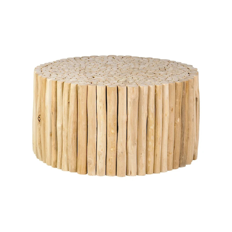 Table basse ronde en teck massif naturel, style fagot de branches