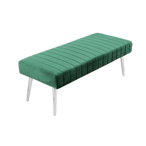 Banc de 114 cm, lignes capitonnées modernes, velours doux vert, métal chromé