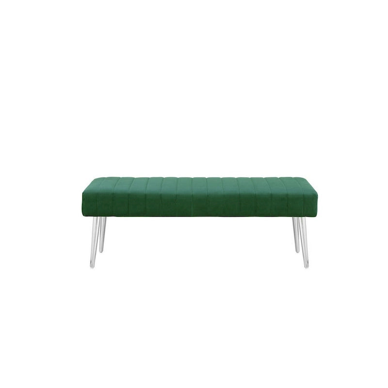 Banc de 114 cm, lignes capitonnées modernes, velours doux vert, métal chromé
