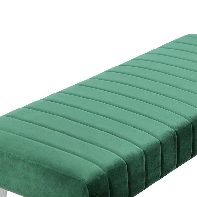 Banc de 114 cm, lignes capitonnées modernes, velours doux vert, métal chromé