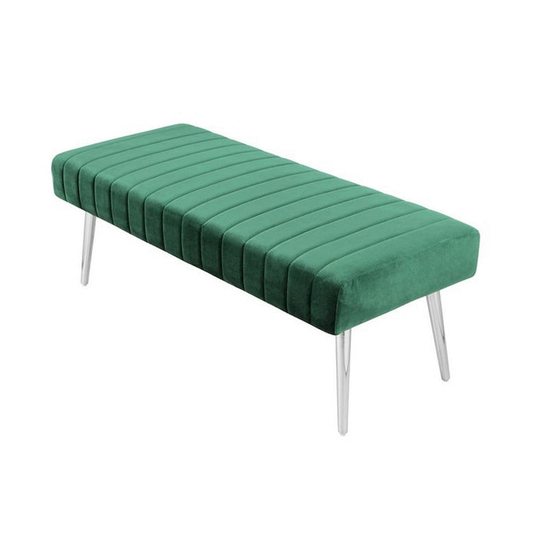 Banc de 114 cm, lignes capitonnées modernes, velours doux vert, métal chromé