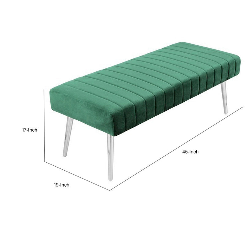 Banc de 114 cm, lignes capitonnées modernes, velours doux vert, métal chromé
