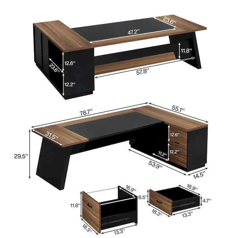 Bureau de direction en L de 199,9 cm avec meuble de rangement