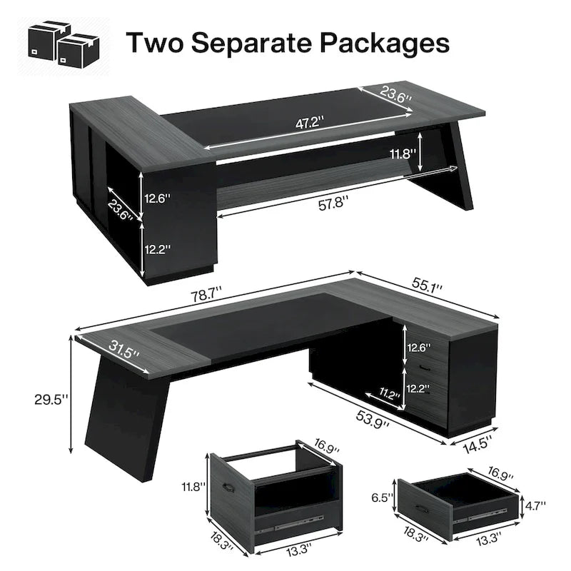 Bureau de direction en L de 199,9 cm avec meuble de rangement