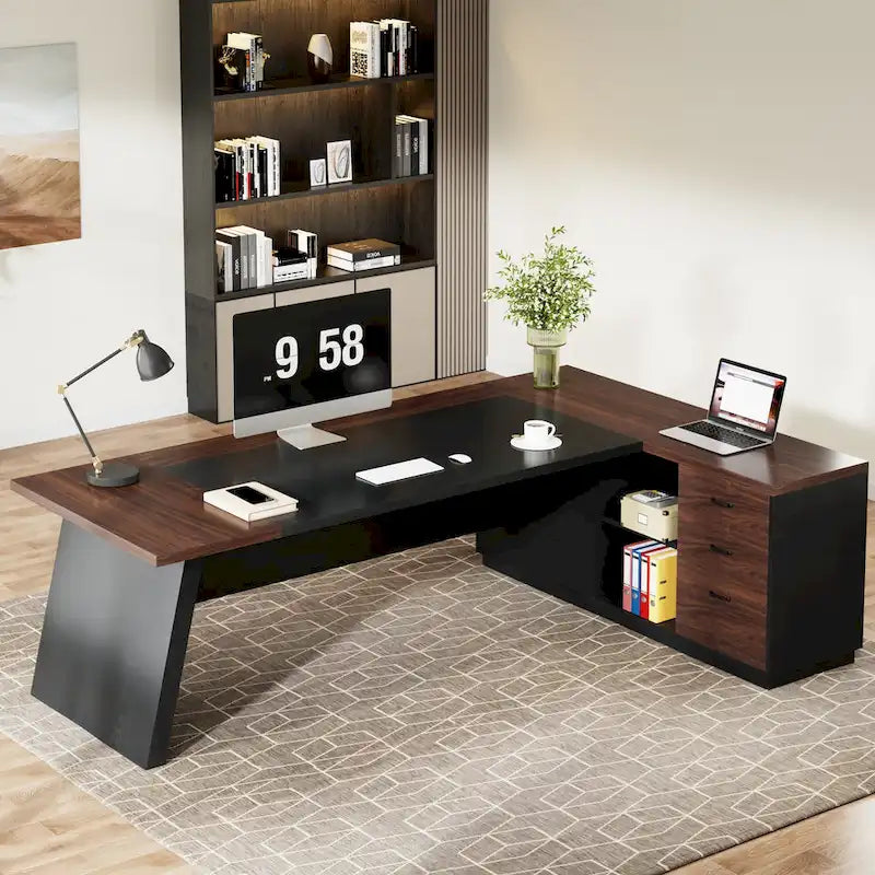 Bureau de direction en L de 199,9 cm avec meuble de rangement