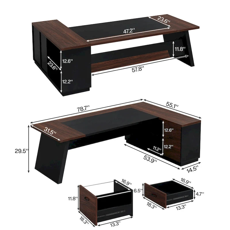 Bureau de direction en L de 199,9 cm avec meuble de rangement
